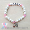 White Pearls - Pink Accents - Personalized Bracelet w/ Angel Wing & Awareness Ribbon Charm