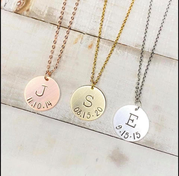 PREORDER - Hand Stamped Personalized Necklace With Letter, Date, Stone