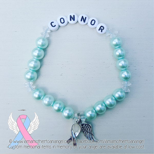 Baby Blue Pearls - Crystal Accents - Personalized Bracelet w/ Angel Wing & Awareness Ribbon Charm