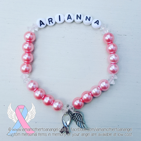 Bubblegum Pink - Crystal Accents - Personalized Bracelet w/ Angel Wing & Awareness Ribbon Charm