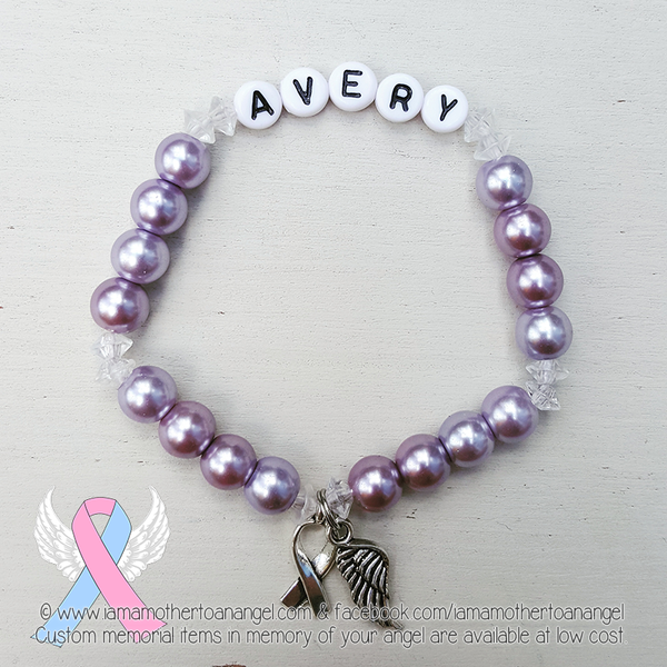 Lavender - Crystal Accents - Personalized Bracelet w/ Angel Wing & Awareness Ribbon Charm