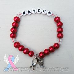 Red Pearls - Crystal Accents - Personalized Bracelet w/ Angel Wing & Awareness Ribbon Charm