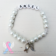 White Pearls - Crystal Accents - Personalized Bracelet w/ Angel Wing & Awareness Ribbon Charm