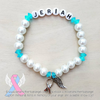White Pearls - Blue Accents - Personalized Bracelet w/ Angel Wing & Awareness Ribbon Charm