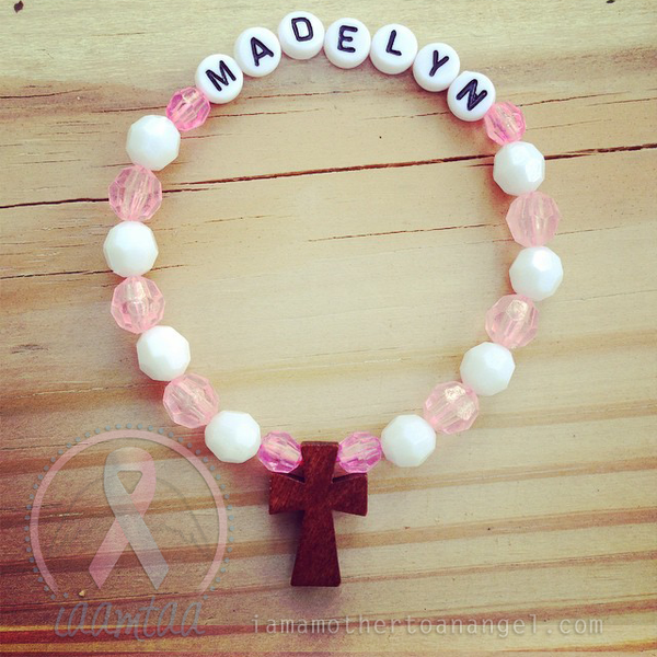 Pink & White - Personalized Bracelet w/ Wooden Cross