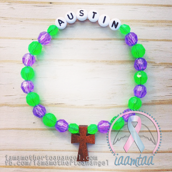 Purple & Green - Personalized Bracelet w/ Wooden Cross